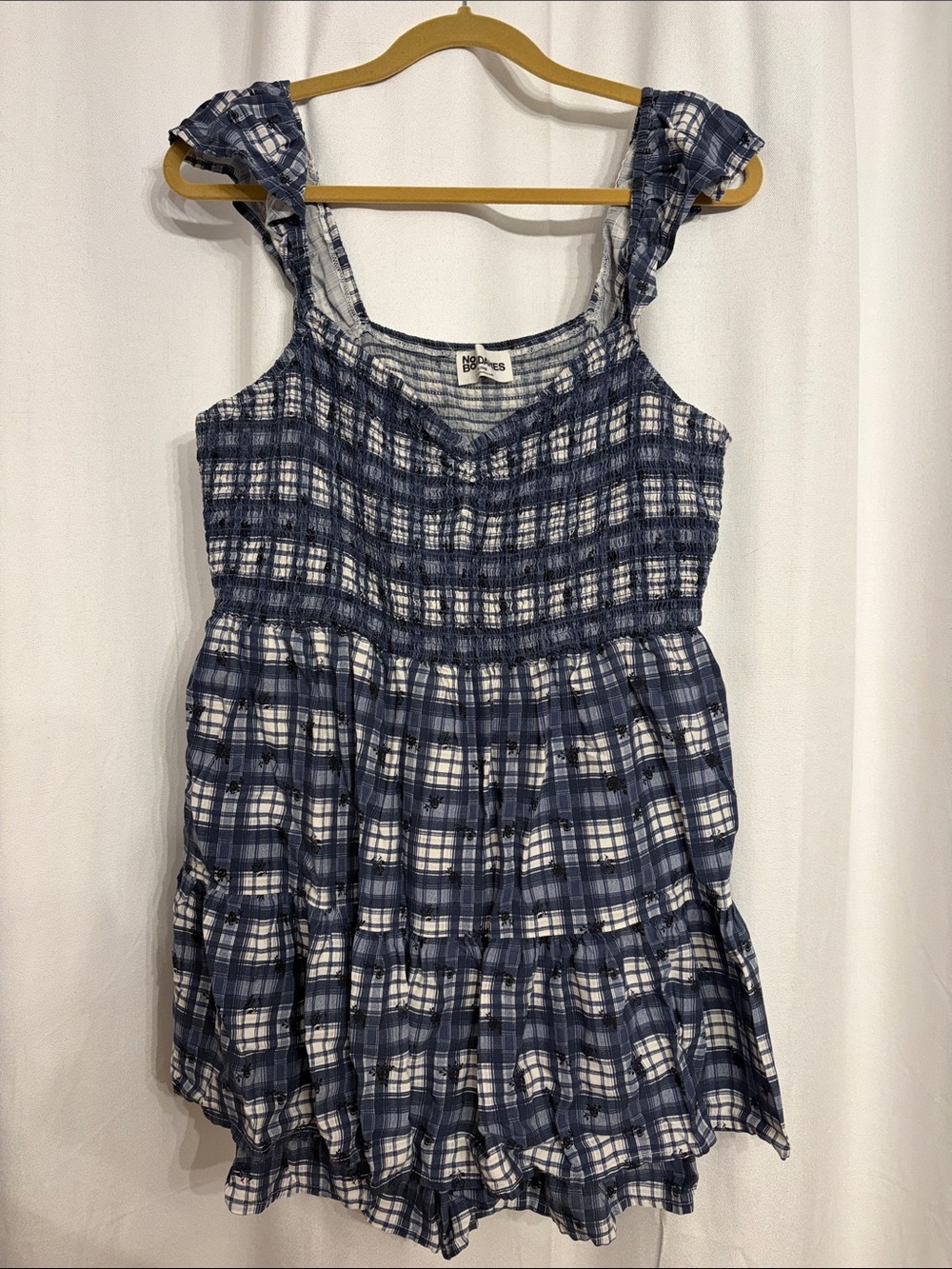 No Boundaries Navy & White Plaid Smocked Romper with Ruffle Straps